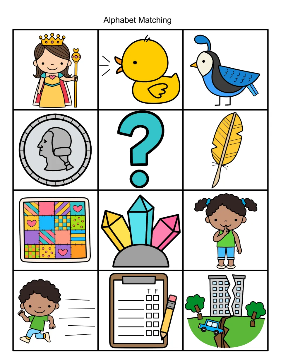 Alphabet Matching picture cards for the Q sound: queen, quail, quarter, question mark, quill, quilt and earthquake