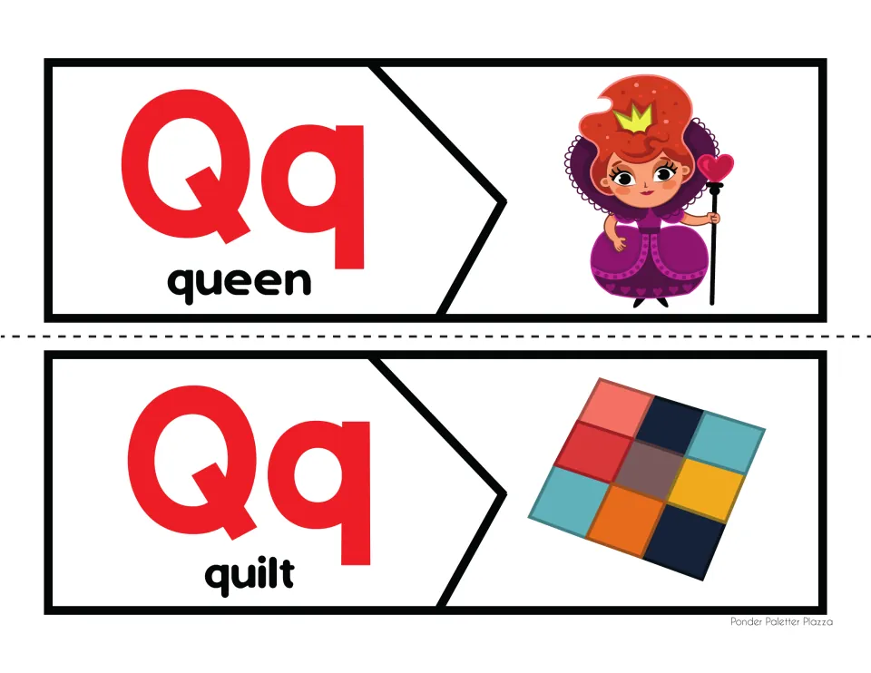 Letter Q beginning sound puzzles: students cut and match Qq to pictures of a queen and a quilt, labeled by word