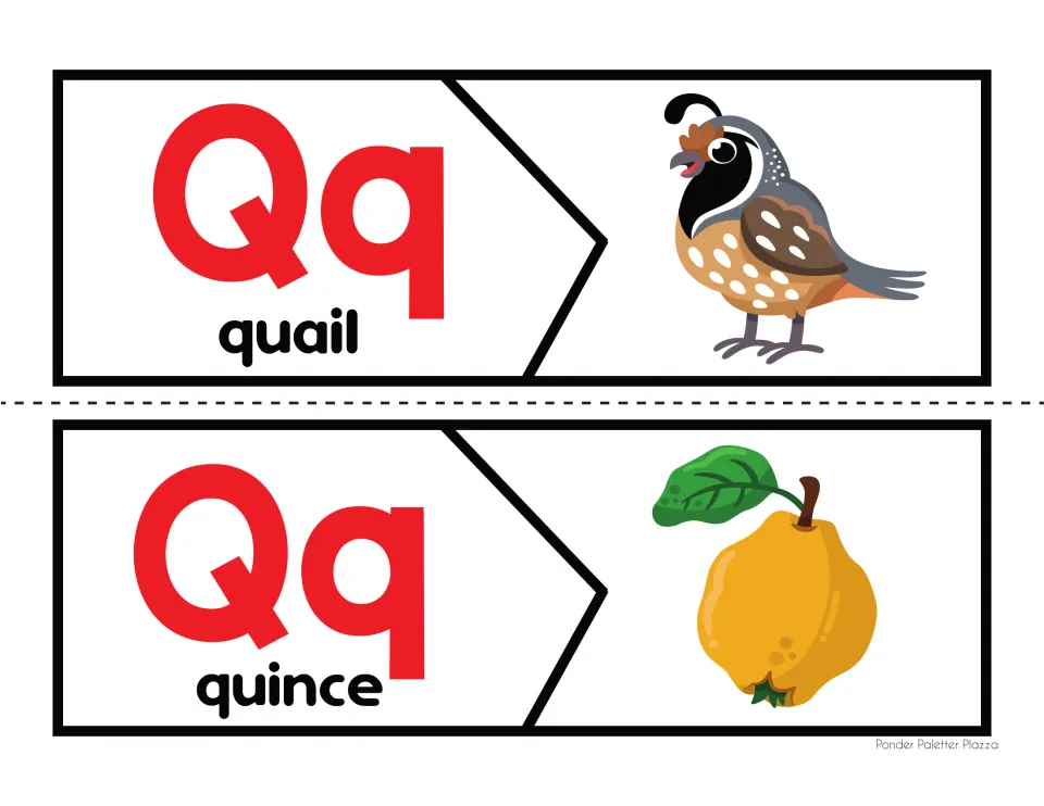 Two Qq beginning sound puzzles: students cut apart and rejoin each letter piece with its quail or quince picture