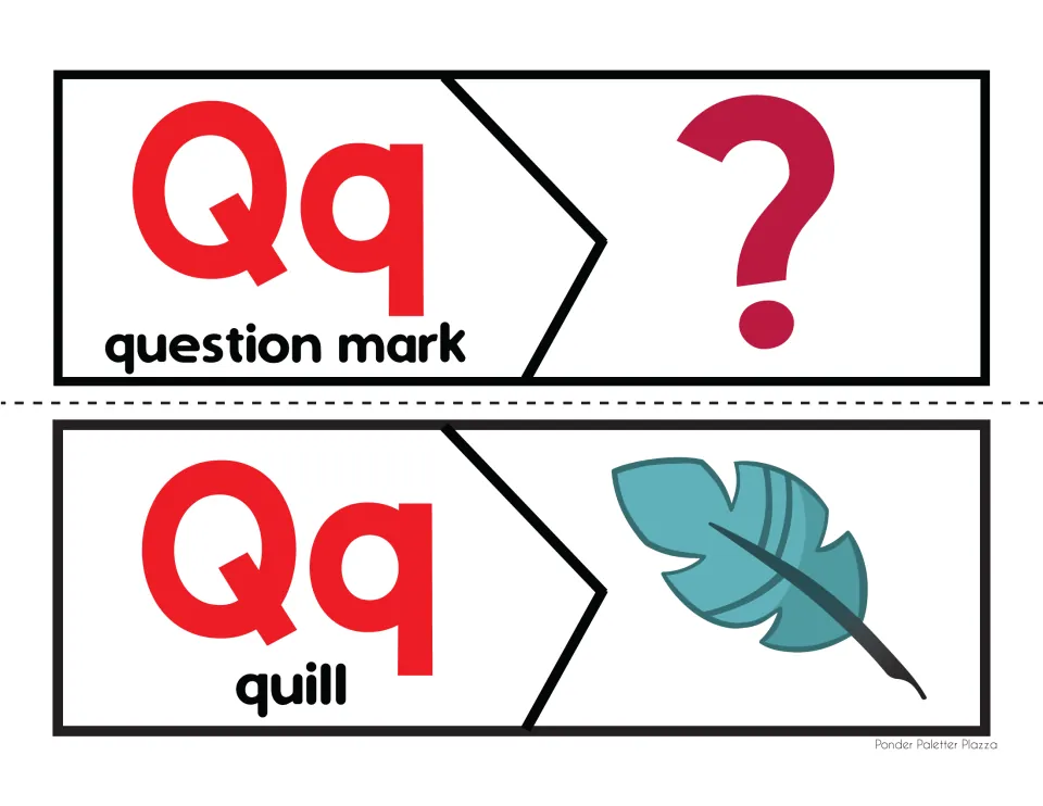 Qq puzzles for the question mark and quill: students cut the pieces and connect the letter to its matching picture