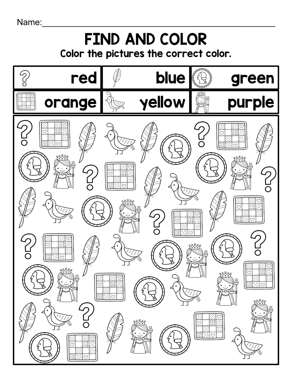 Find and Color worksheet: question marks, quills, quarters, quilts, quails, and queens matched to six color words