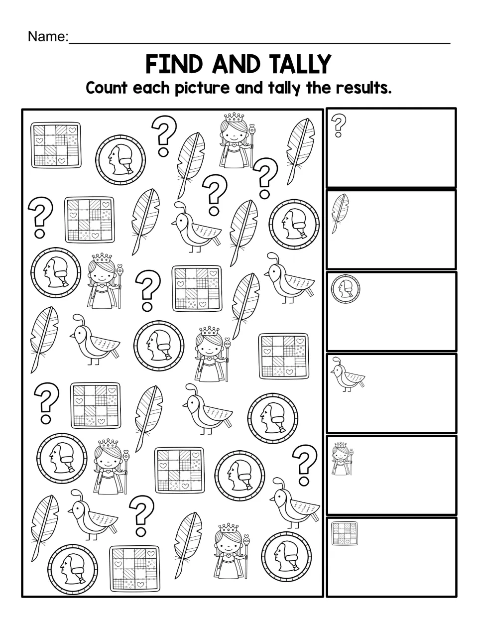 Black-and-white Find and Tally worksheet: count question marks, quills, quarters, quails, queens, and quilts