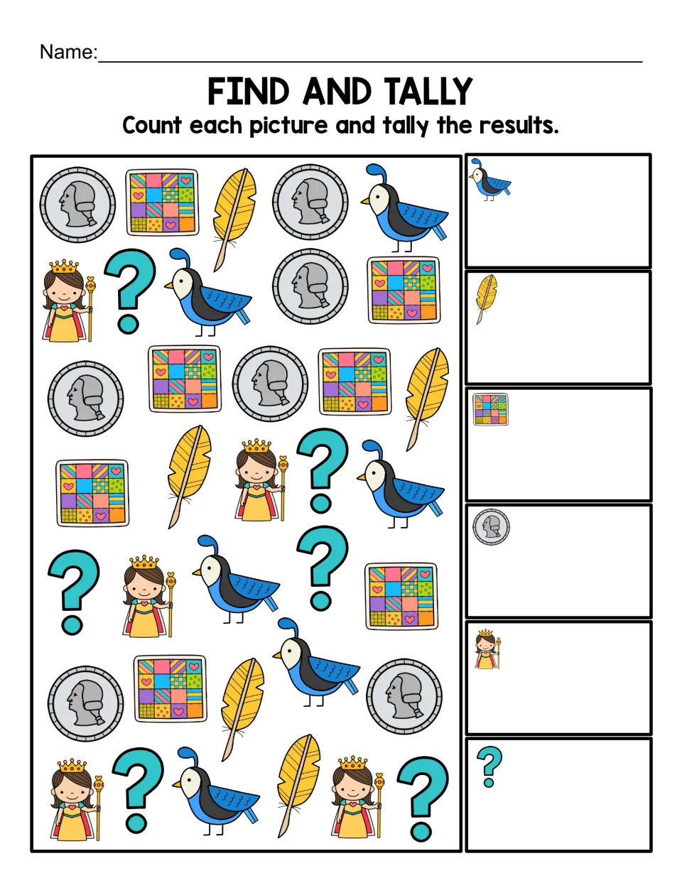 Color Find and Tally worksheet: count quails, quills, quilts, quarters, queens, and question marks
