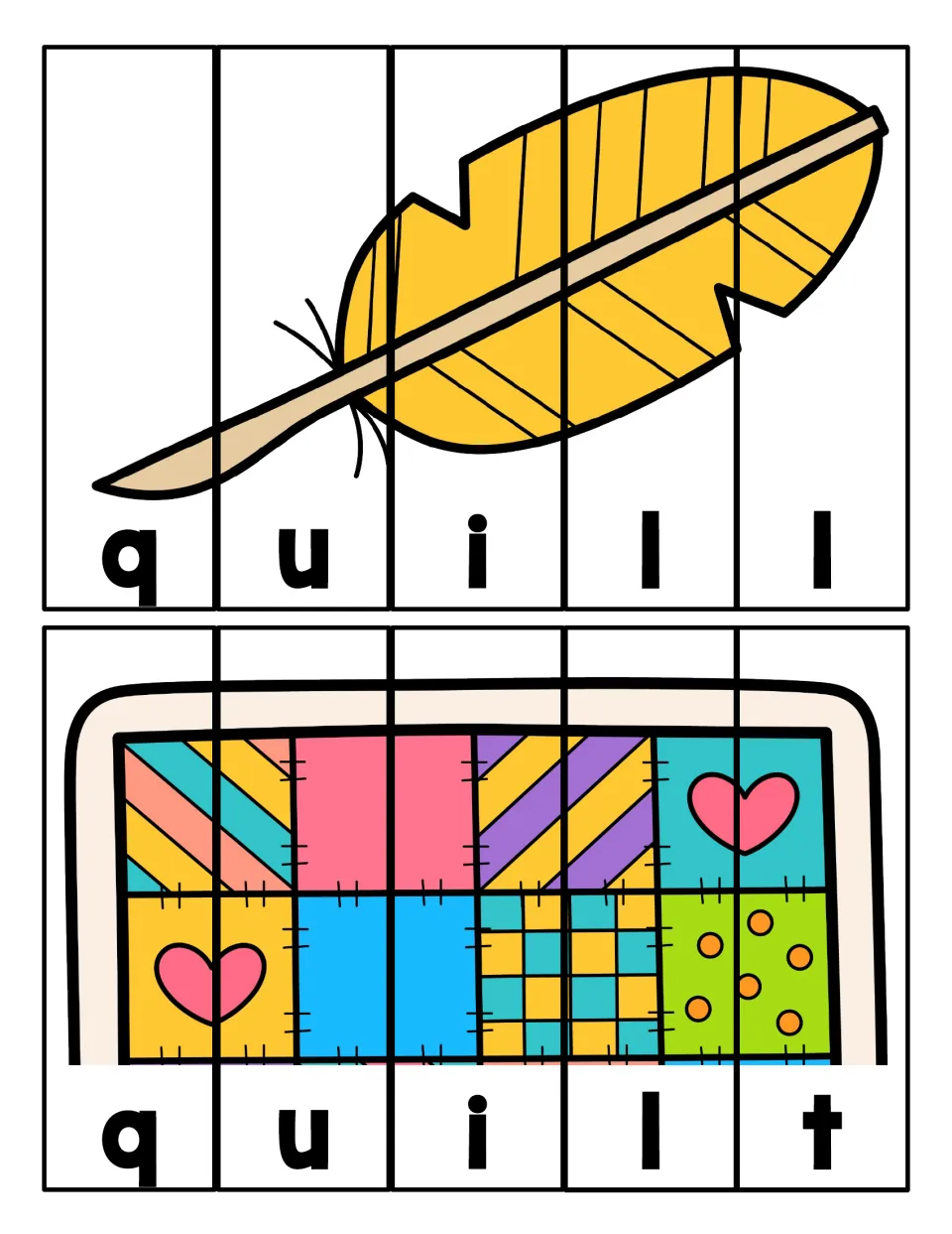 Q word puzzles: students order picture strips by letter to build and spell quill and quilt, one letter per strip