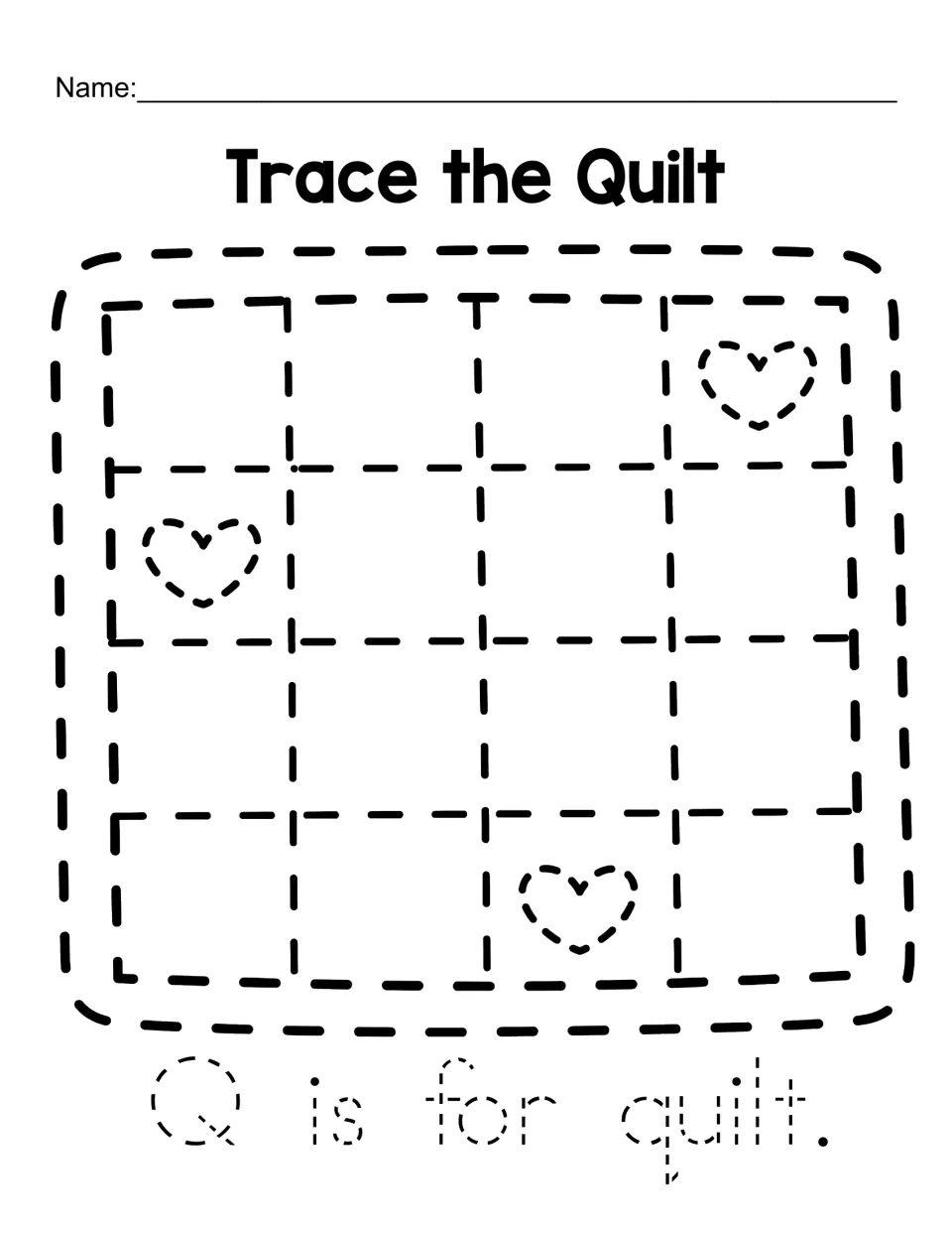 Trace the Quilt: students trace a dashed quilt with three hearts and the sentence Q is for quilt, practising letter Q