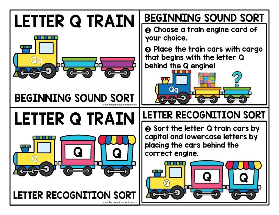Letter Q train sorting directions: match beginning-sound cargo and sort uppercase and lowercase letter cars