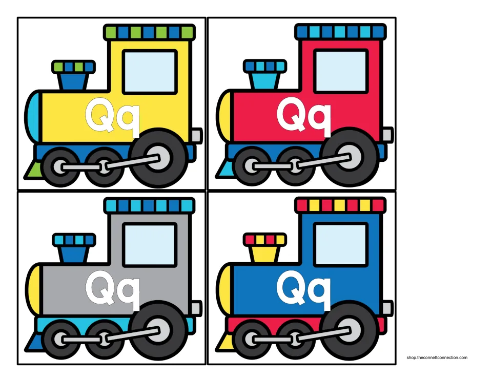 Letter Q beginning-sound sort engine cards 1–4: yellow, red, gray, and blue trains, each labeled Qq