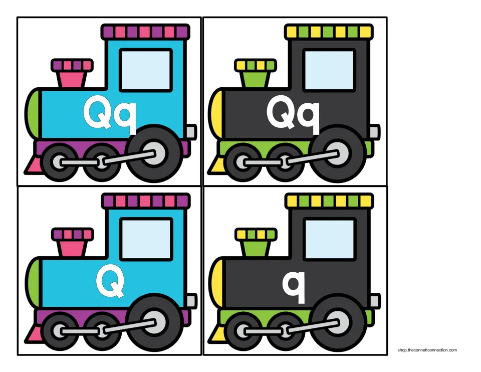 Letter Q sorting engine cards 5–8: two labeled Qq, one uppercase Q, and one lowercase q
