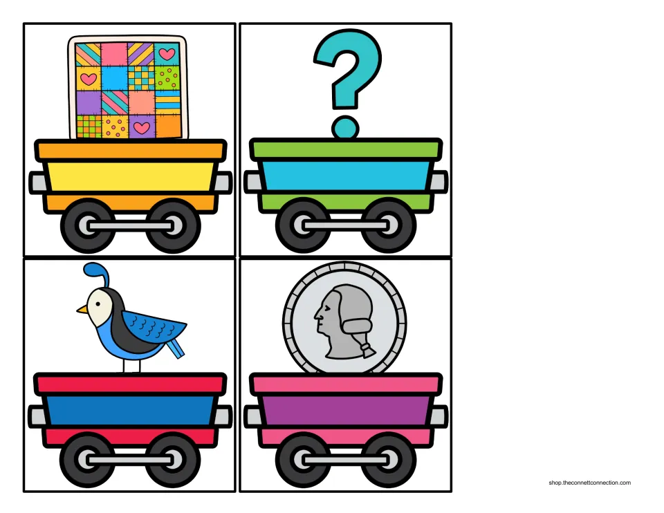 Letter Q beginning-sound cargo cards 1–4 show a quilt, question mark, quail, and quarter on train cars