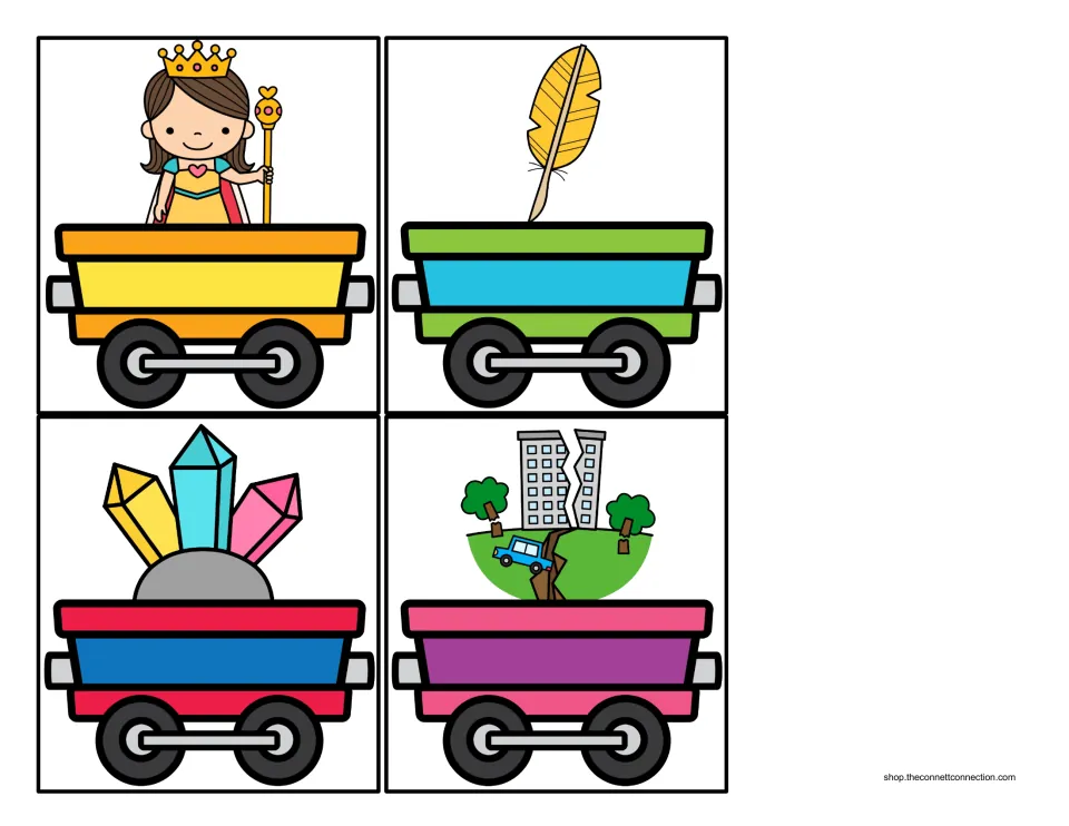 Letter Q beginning-sound cargo cards 5–8 show a queen, quill, quartz, and quake on train cars