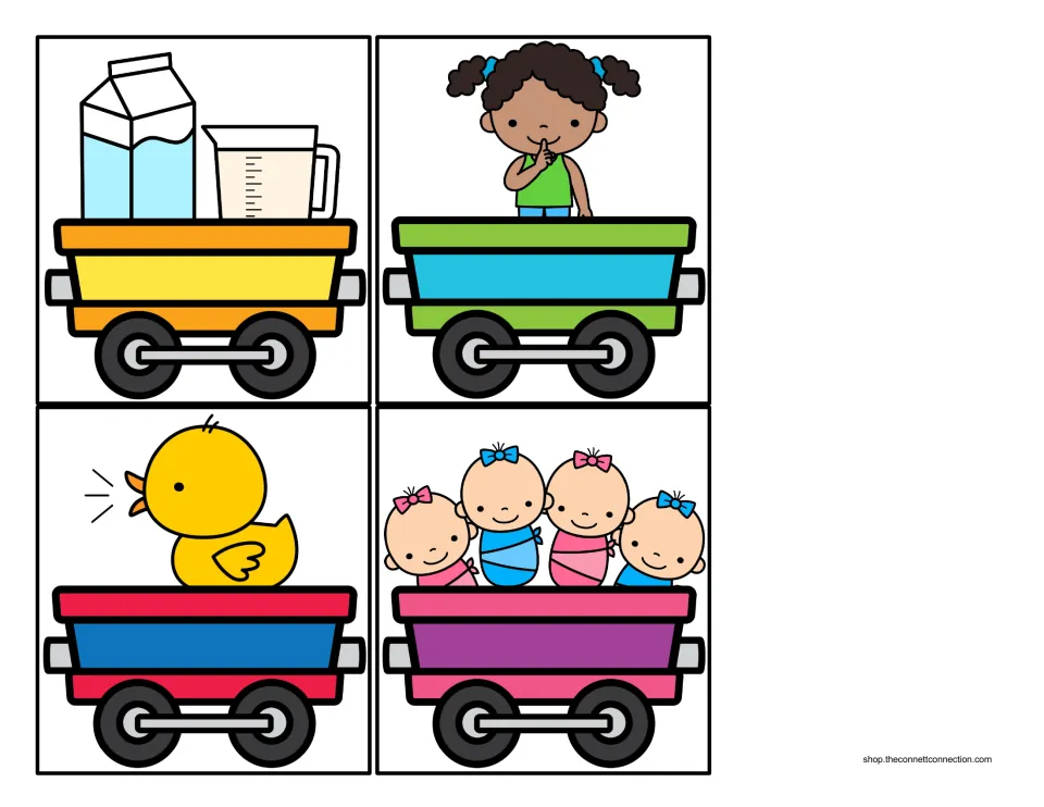 Letter Q beginning-sound cargo cards 9–12 illustrate quart, quiet, quack, and quadruplets on train cars
