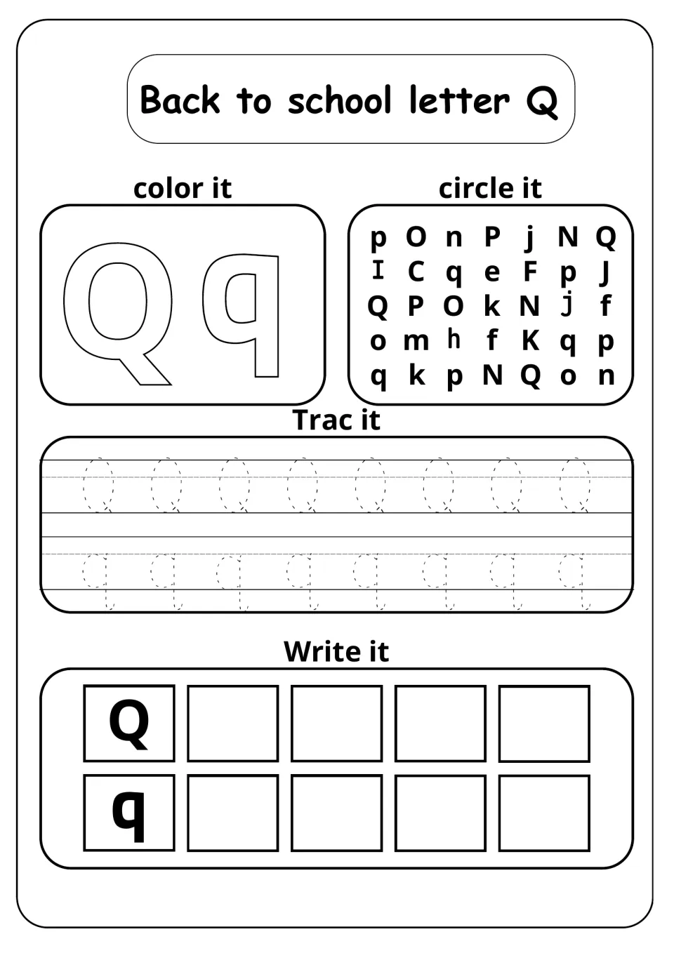 Back to school letter Q: students color Q and q, circle Q and q in a letter mix, trace both cases, then write them