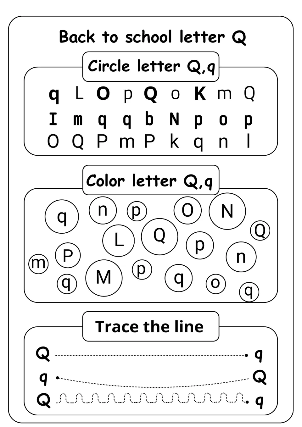 Letter Q recognition: students circle Q and q among similar letters, color Q and q bubbles, and trace lines from Q to q