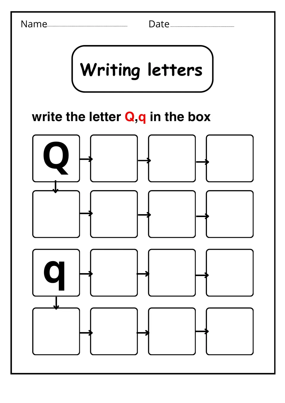 Writing letters: students write uppercase Q and lowercase q seven times each, following arrows from a printed model letter