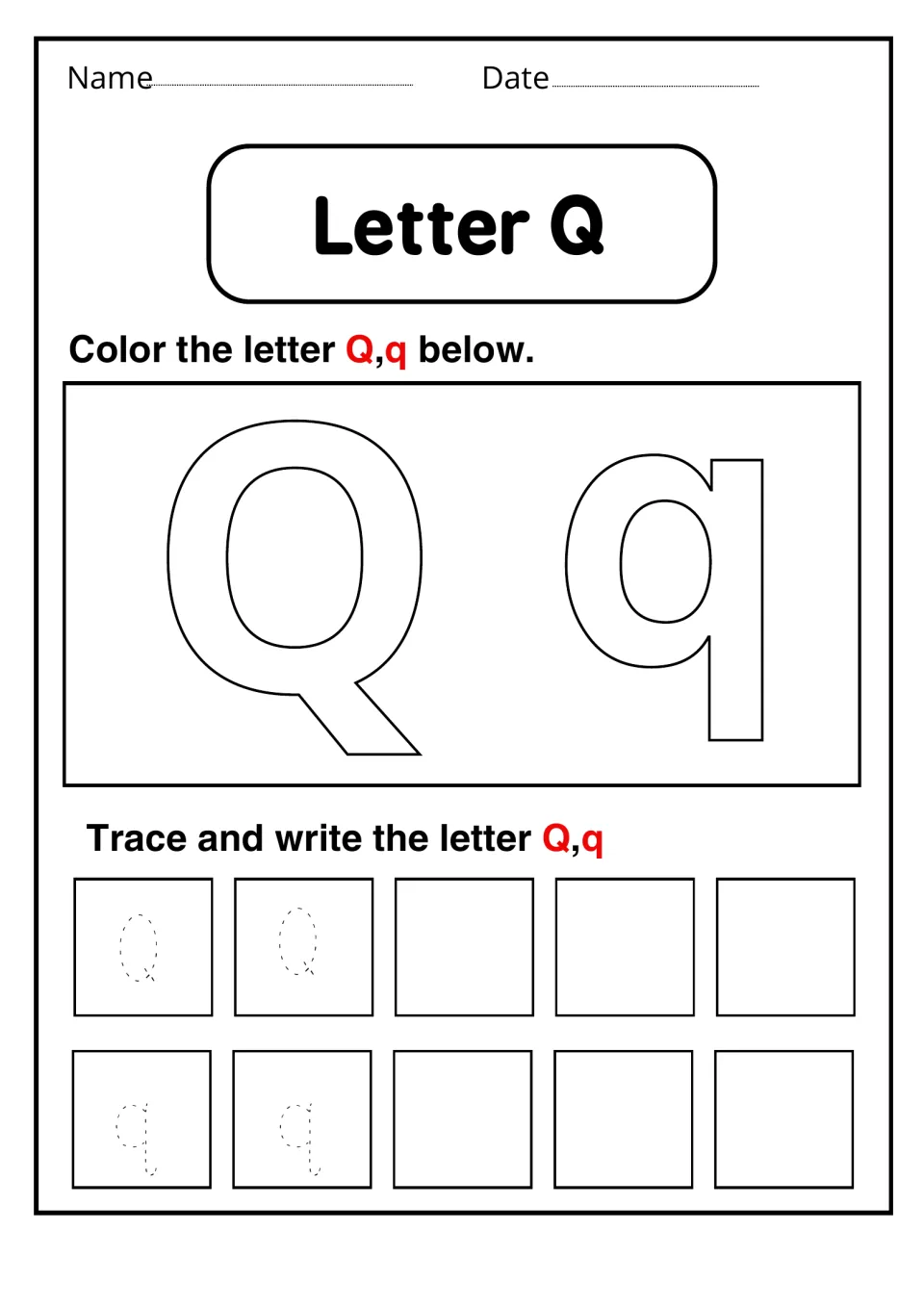 Letter Q: students color large outline Q and q, then trace two dotted letters and write three more of each case