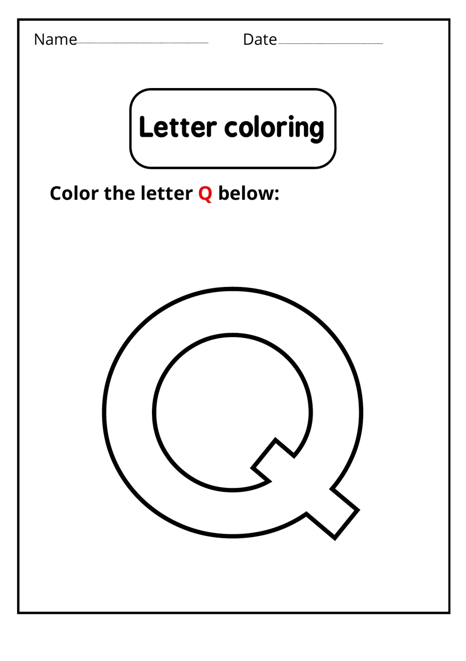 Letter coloring, capital Q: students color in one large bubble outline of uppercase Q, including its slanted tail