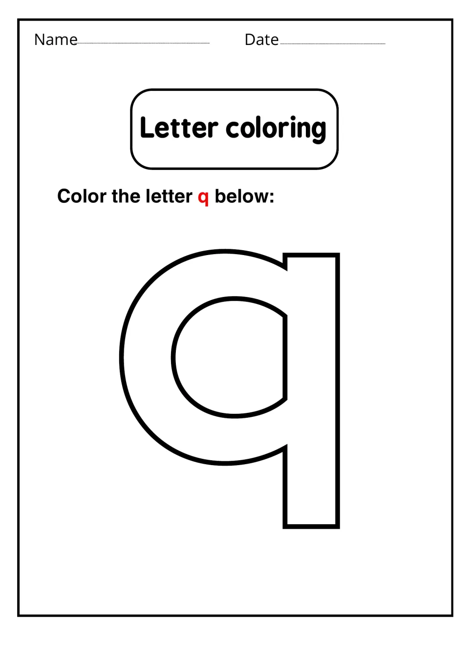 Letter coloring, lowercase q: students color one large bubble outline of the small q with its straight descending tail