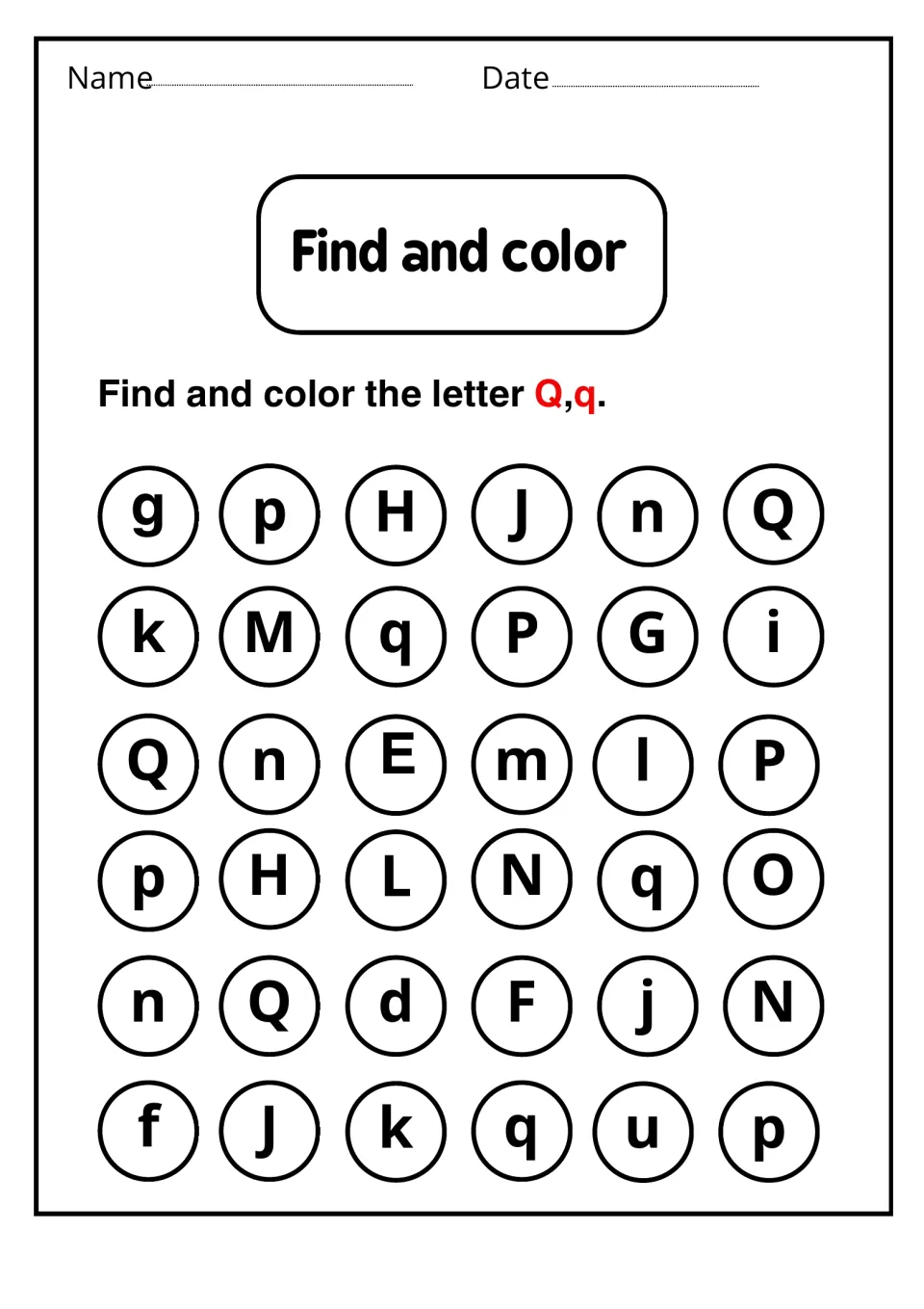 Find and color: students color every Q and q among 36 circled letters, practising letter recognition among similar shapes