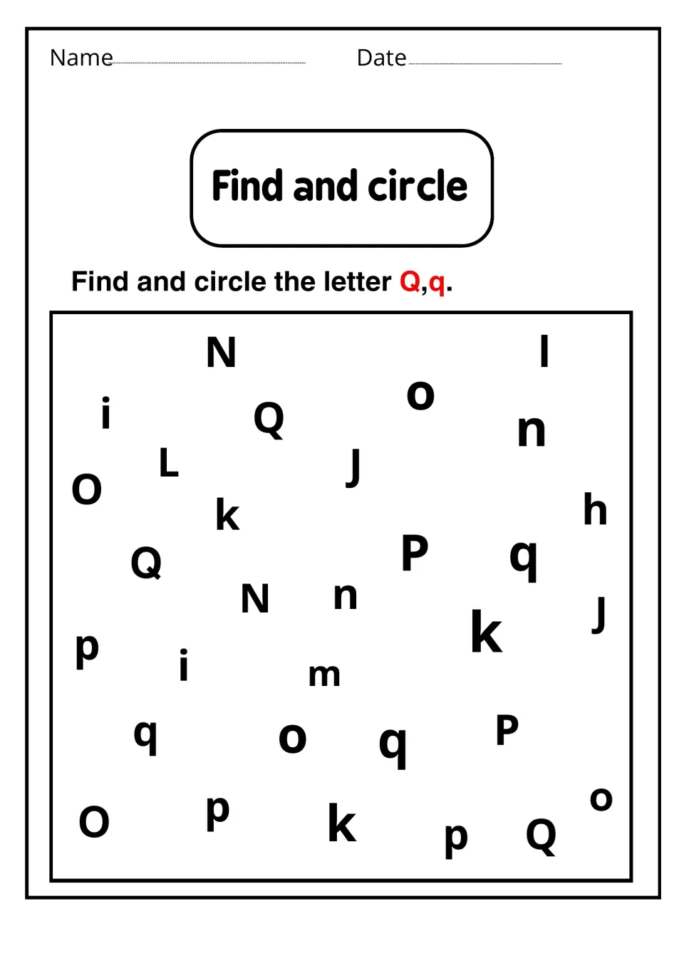 Find and circle: students circle each Q and q scattered among letters like O, p and k, practising visual discrimination