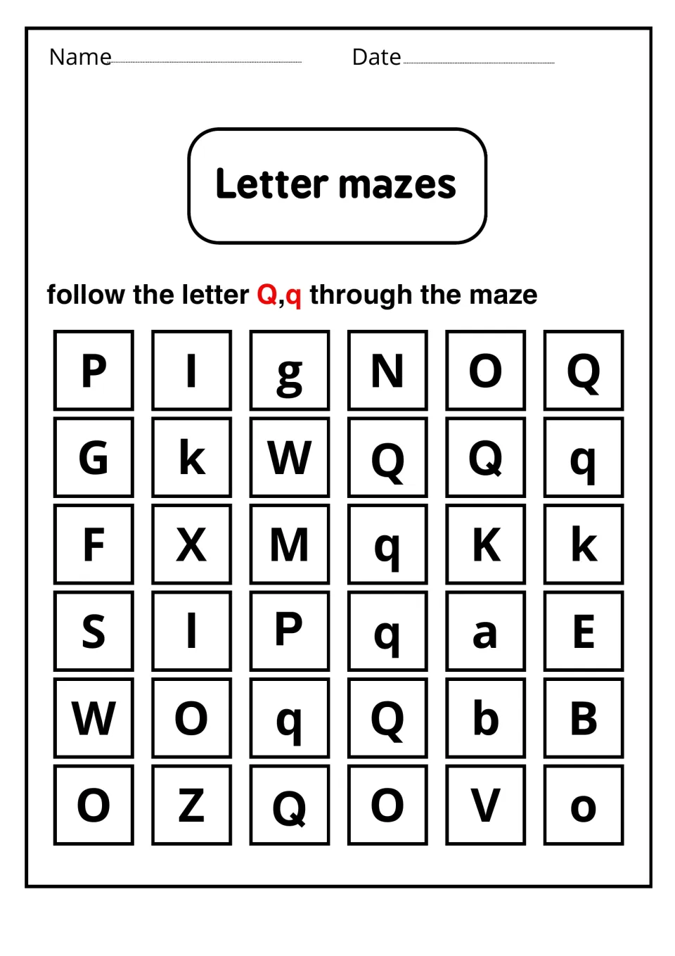 Letter mazes: students follow a path of Q and q letters through a 6-by-6 letter chart, from top right to the bottom row