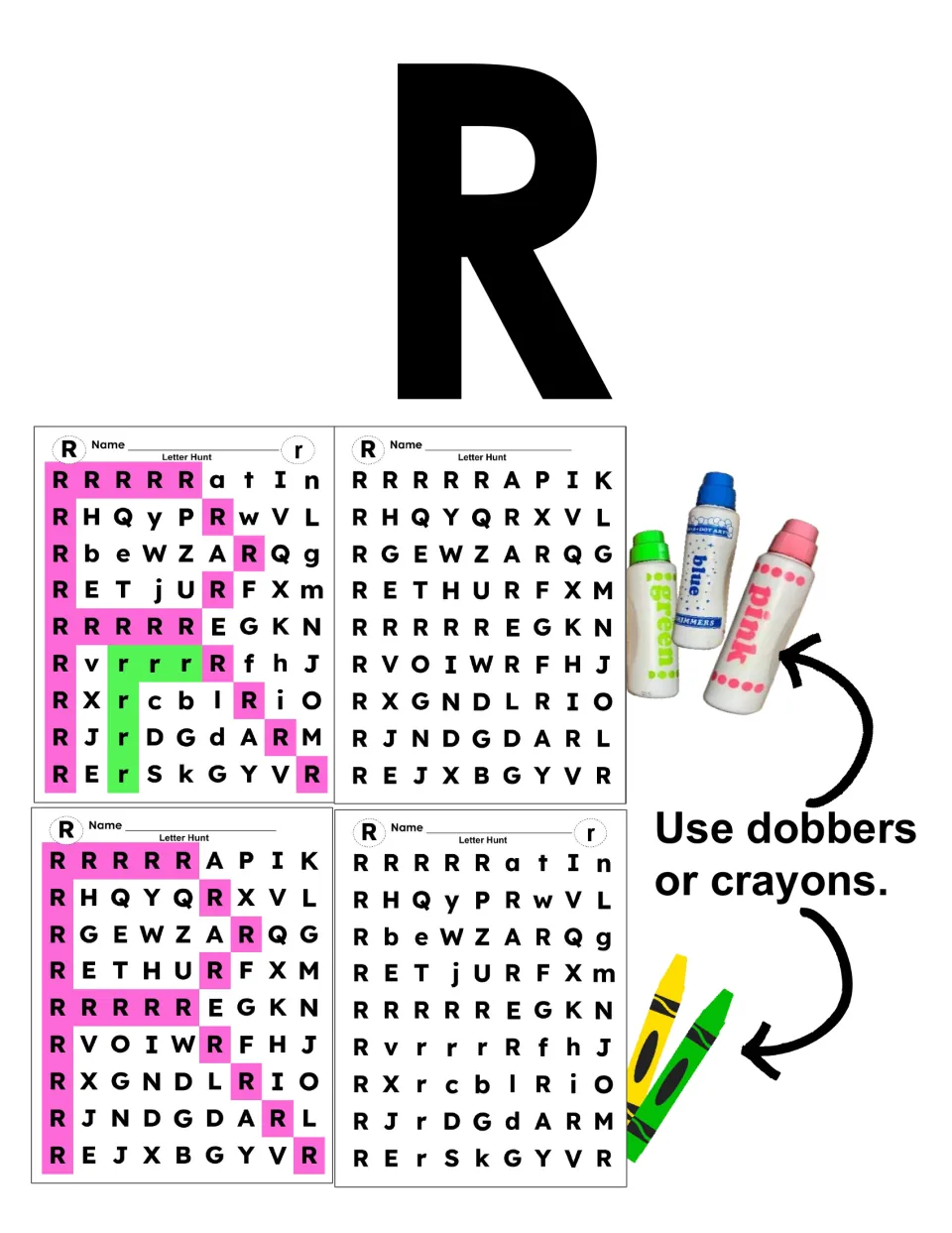 Letter R cover showing four Letter Hunt grids, some with R shaded pink, and a note to use dobbers or crayons