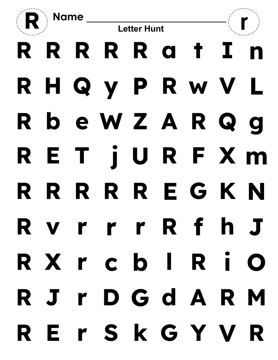 Letter hunt for R and r: children find and color every uppercase R and lowercase r among mixed letters to reveal a shape