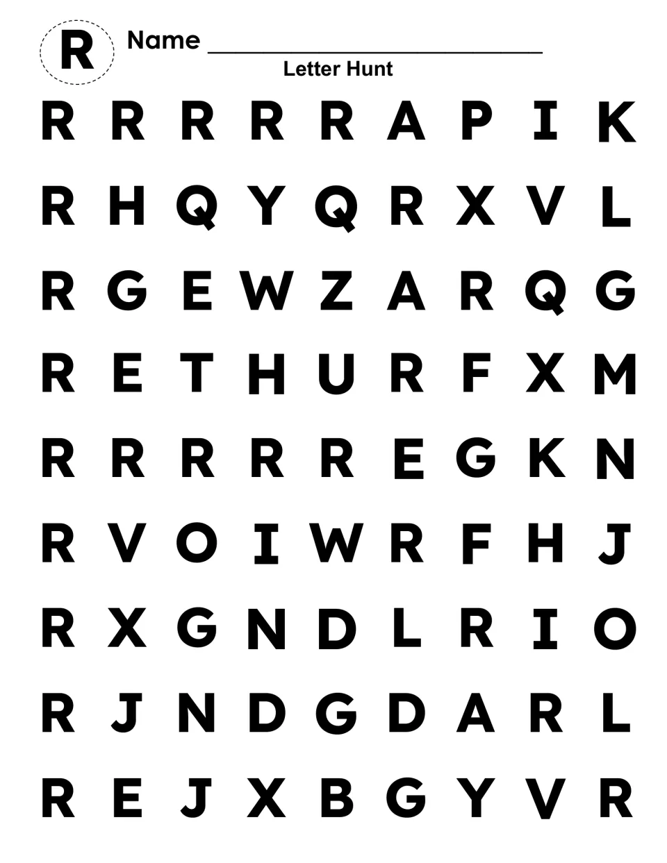 Uppercase R letter hunt: children spot and color every capital R among other capital letters to uncover a hidden letter