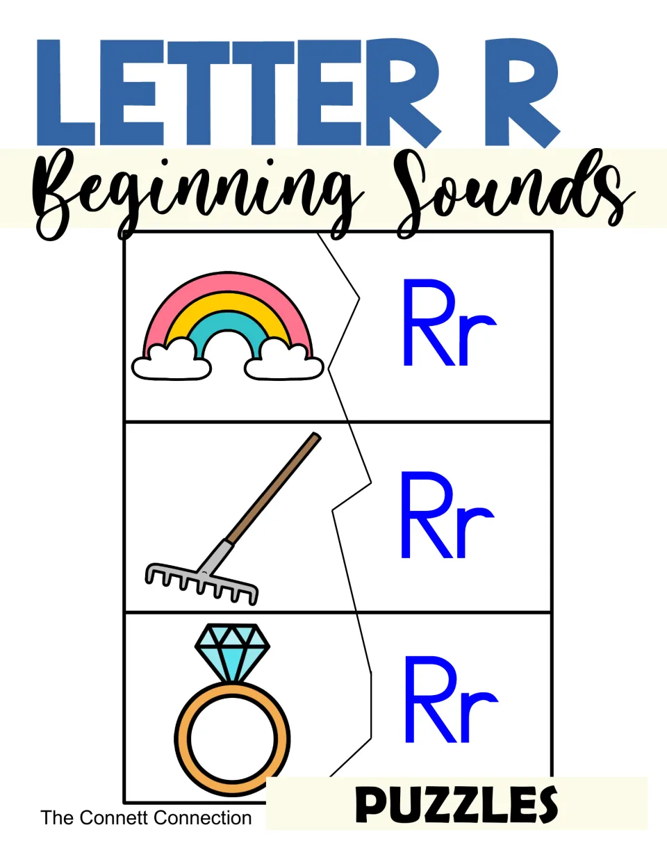 Cover for Letter R sound puzzles: rainbow, rake and ring pictures each join a zigzag-cut piece showing Rr