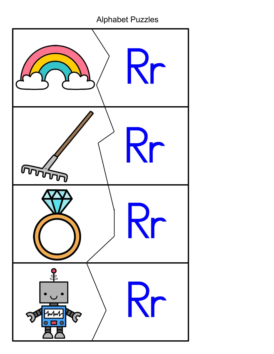 Beginning sound R matching: students cut and join rainbow, rake, ring and robot pictures to their Rr letter halves