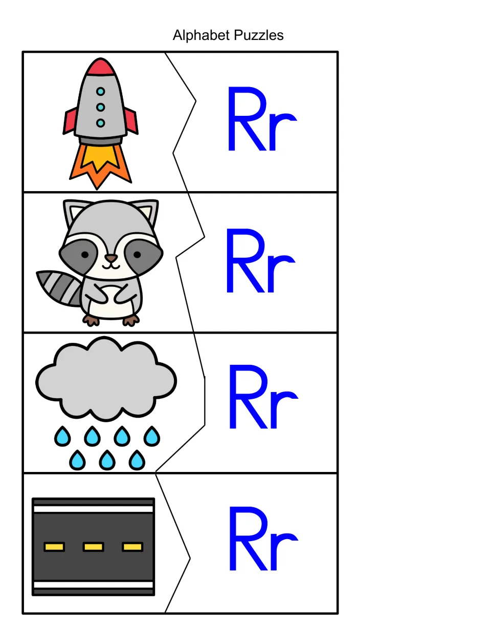 Initial R sound puzzles: students fit rocket, raccoon, rain cloud and road picture halves to matching Rr halves