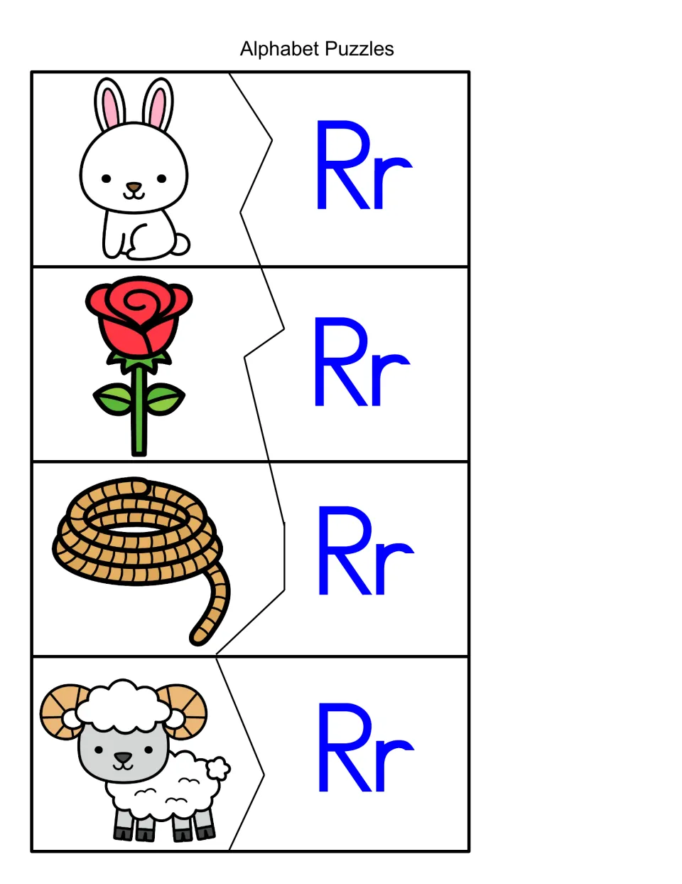 Rr picture puzzles: students connect rabbit, rose, rope and ram pictures to Rr pieces by their starting /r/ sound