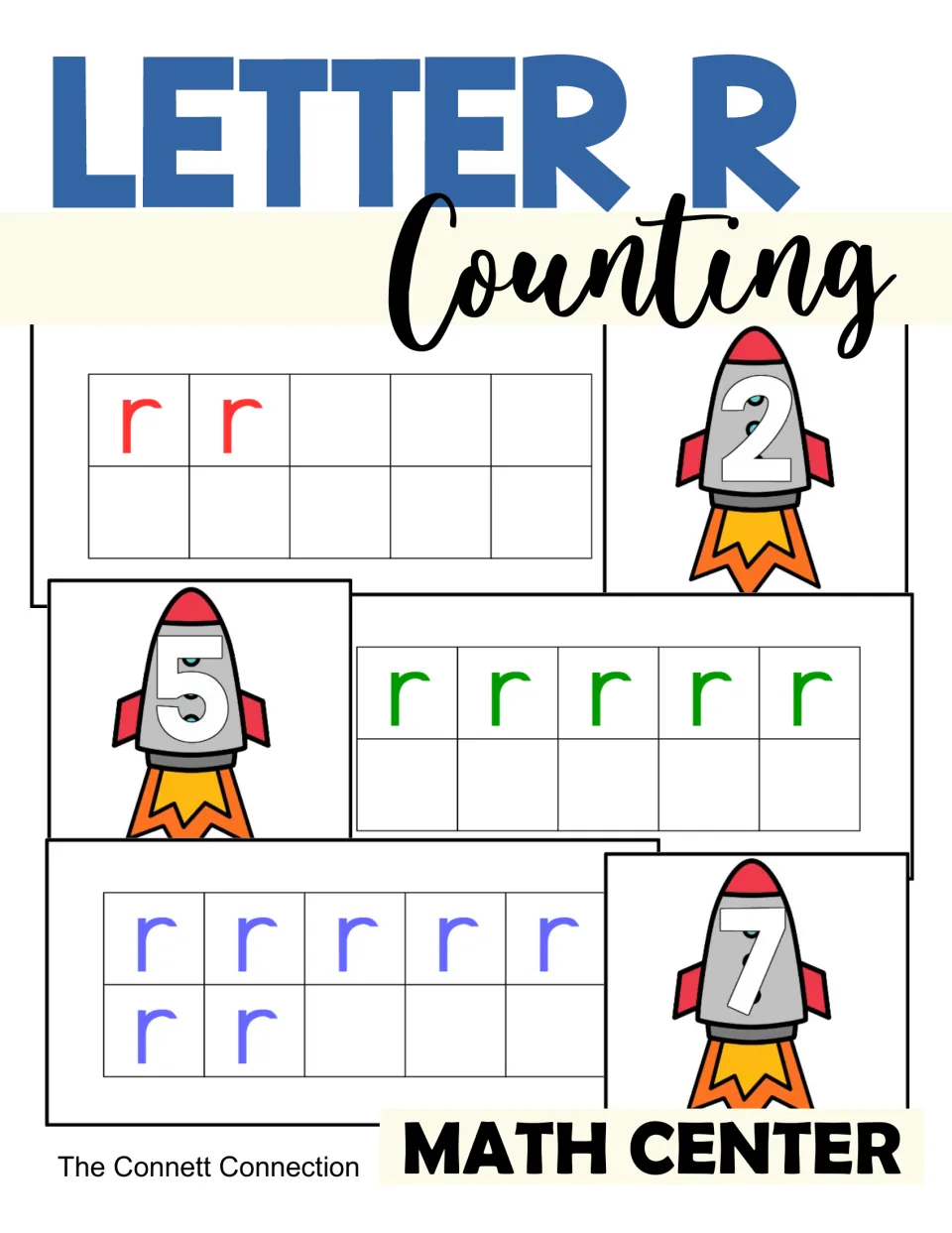 Letter R Counting to 10 Center cover showing lowercase r counting cards and rocket number cards 2, 5, and 7