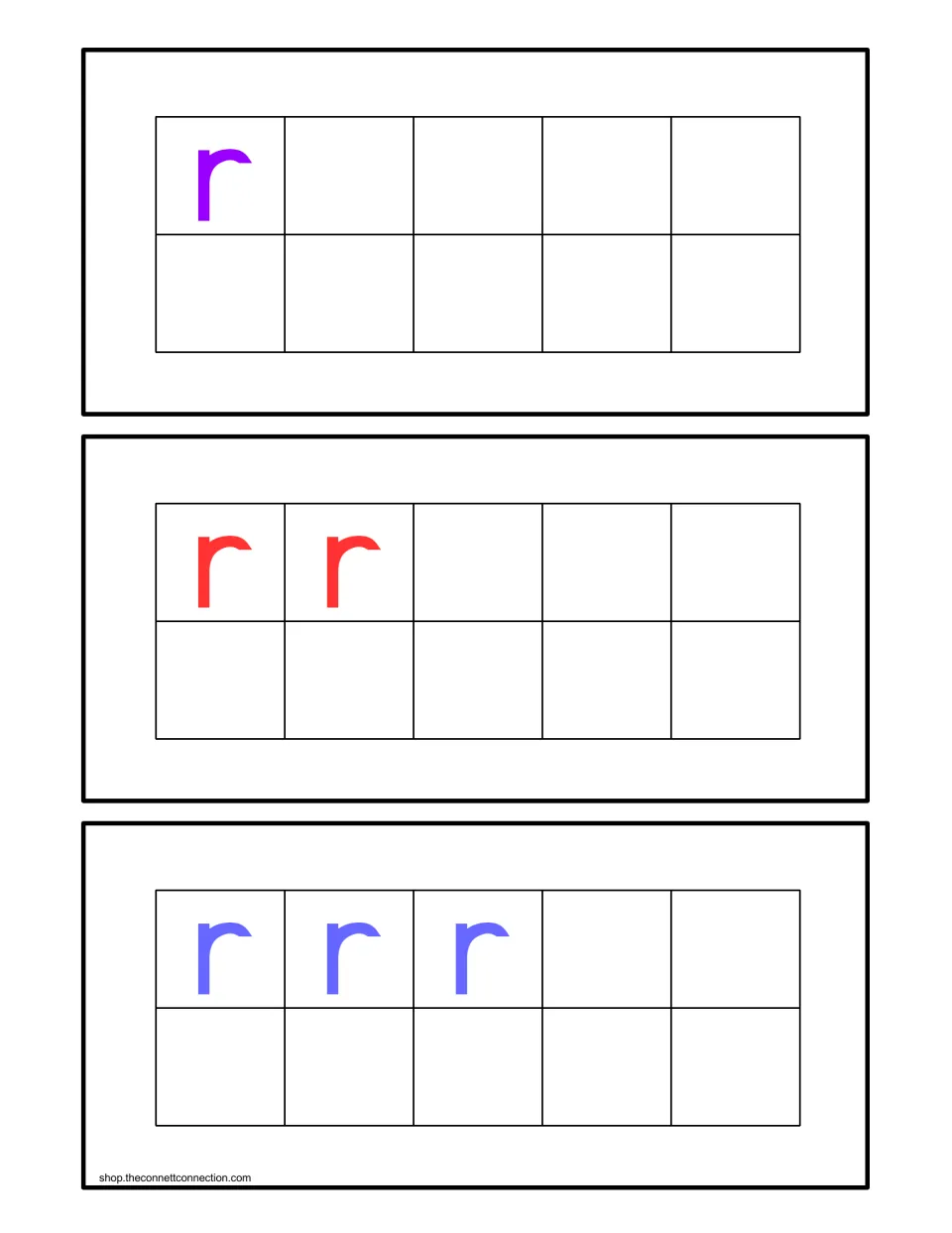 Counting center ten-frame cards showing 1, 2, and 3 lowercase r letters to match with rocket number cards