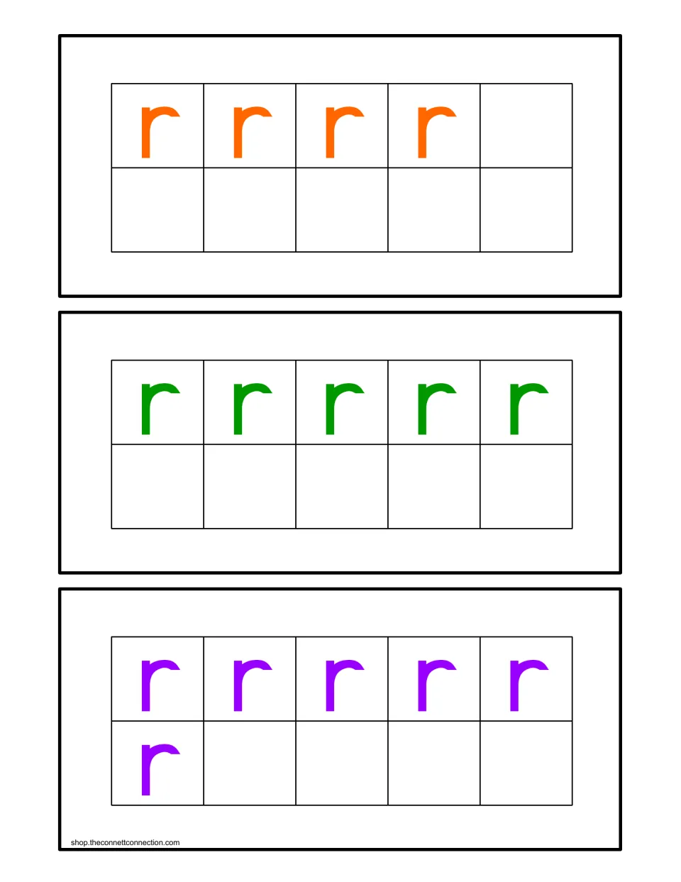 Counting center ten-frame cards showing 4, 5, and 6 lowercase r letters to match with rocket number cards