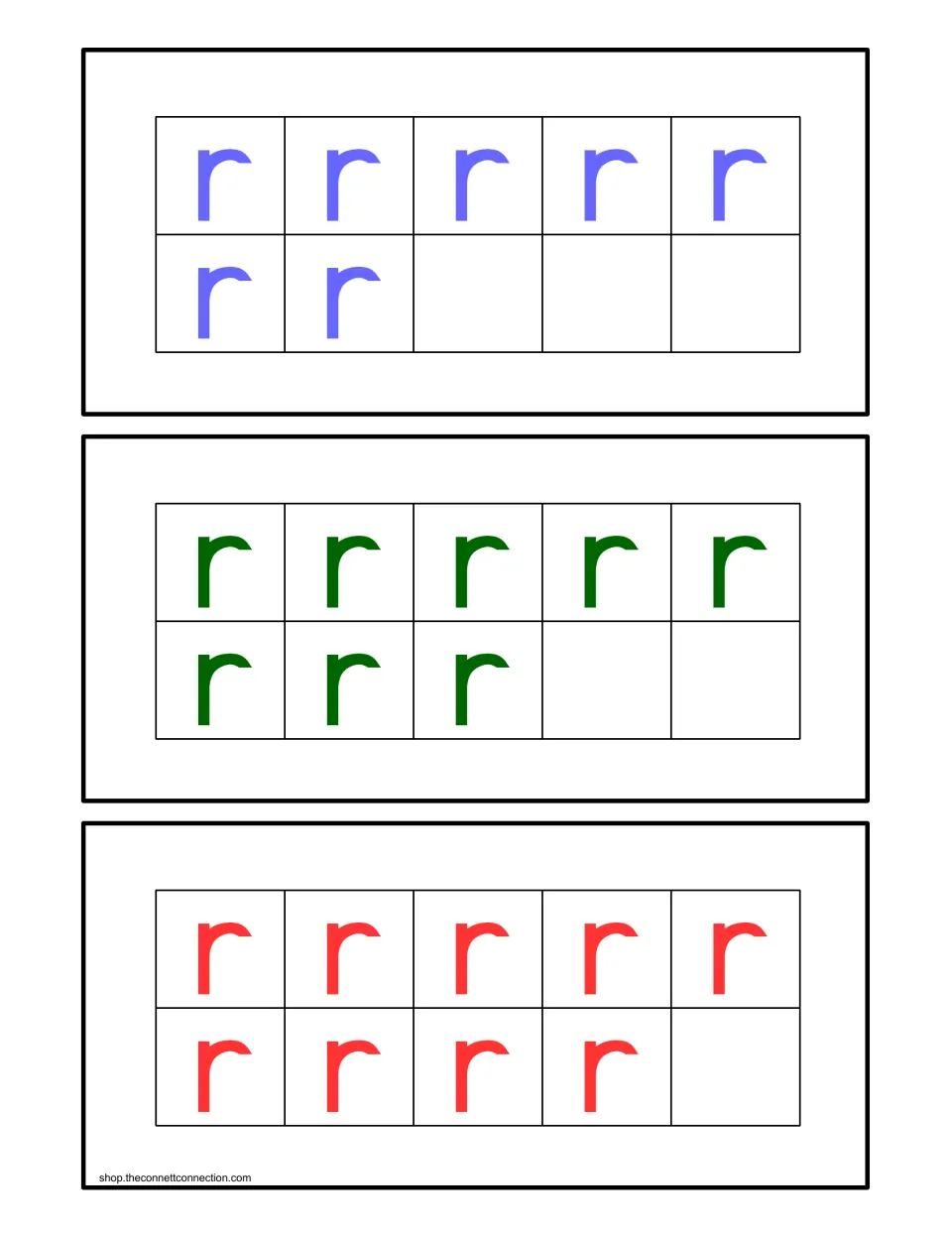 Counting center ten-frame cards showing 7, 8, and 9 lowercase r letters to match with rocket number cards