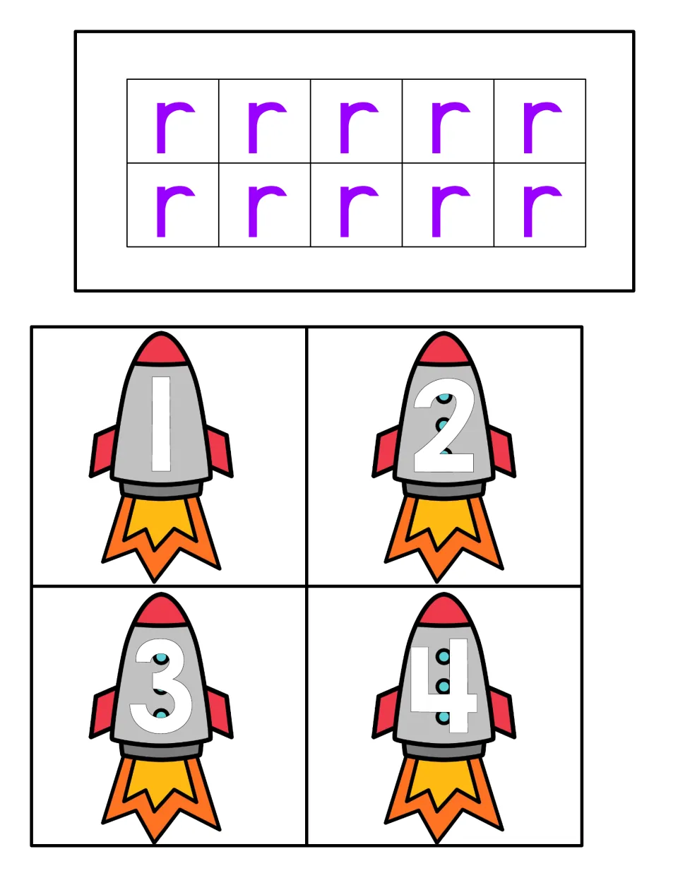 Final counting ten-frame card showing 10 lowercase r letters, plus rocket number cards labeled 1, 2, 3, and 4