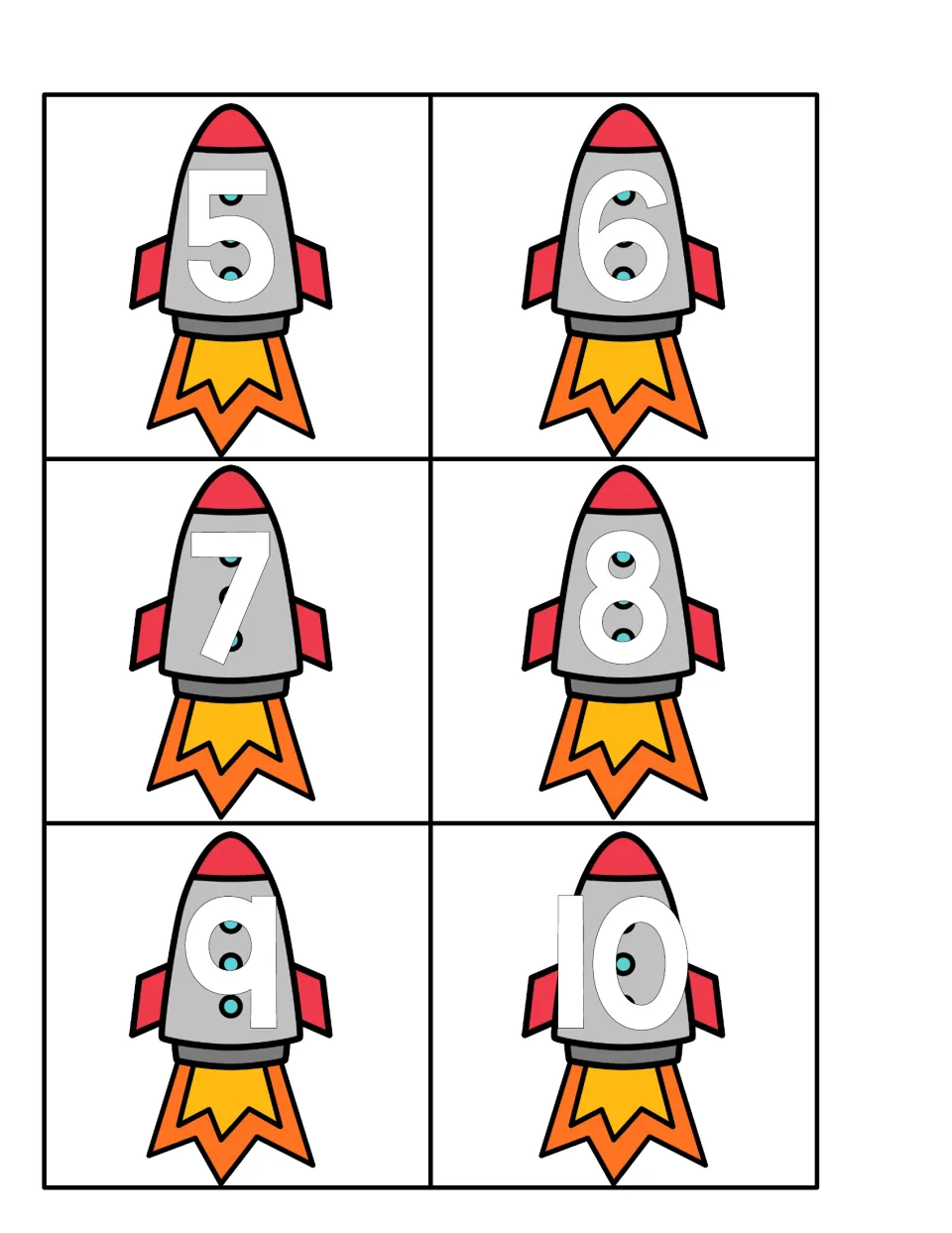 Rocket number cards labeled 5, 6, 7, 8, 9, and 10 for matching to lowercase r ten-frame counting cards