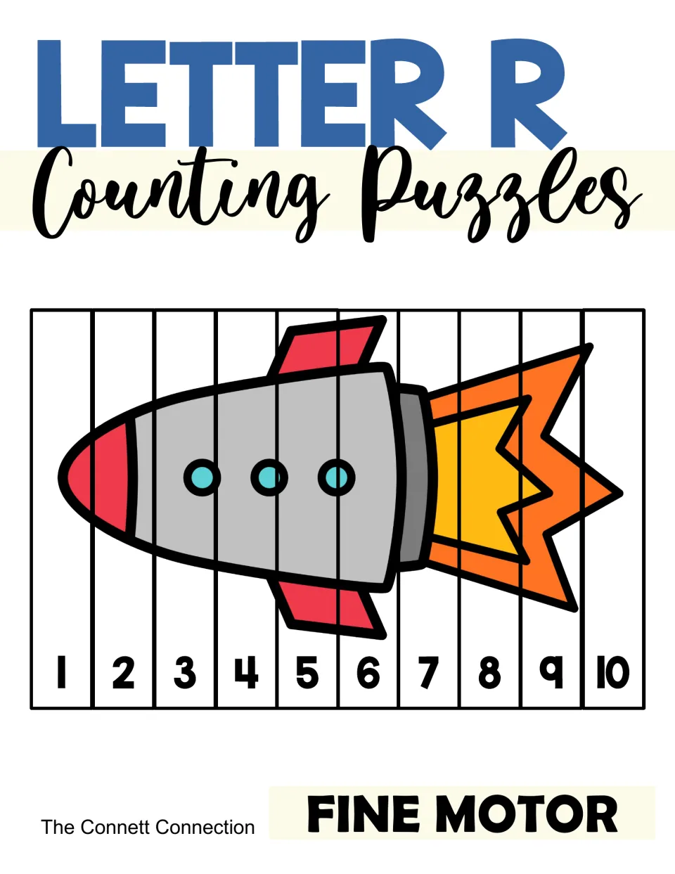 Letter R Counting Puzzles cover: a rocket picture cut into 10 strips numbered 1 to 10, labeled as a fine motor activity