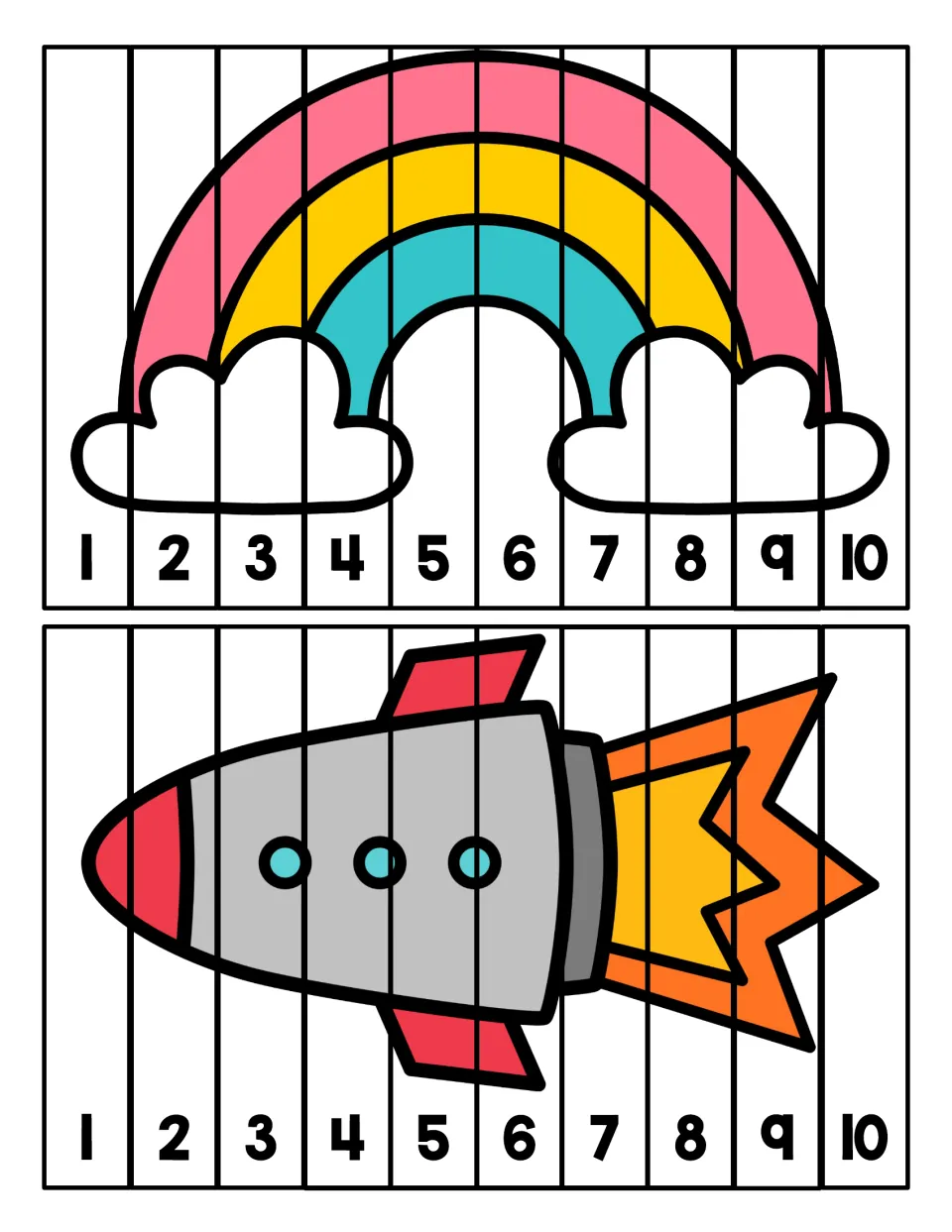 Rainbow and rocket counting puzzles: students put 10 numbered strips in order from 1 to 10 to rebuild each R picture