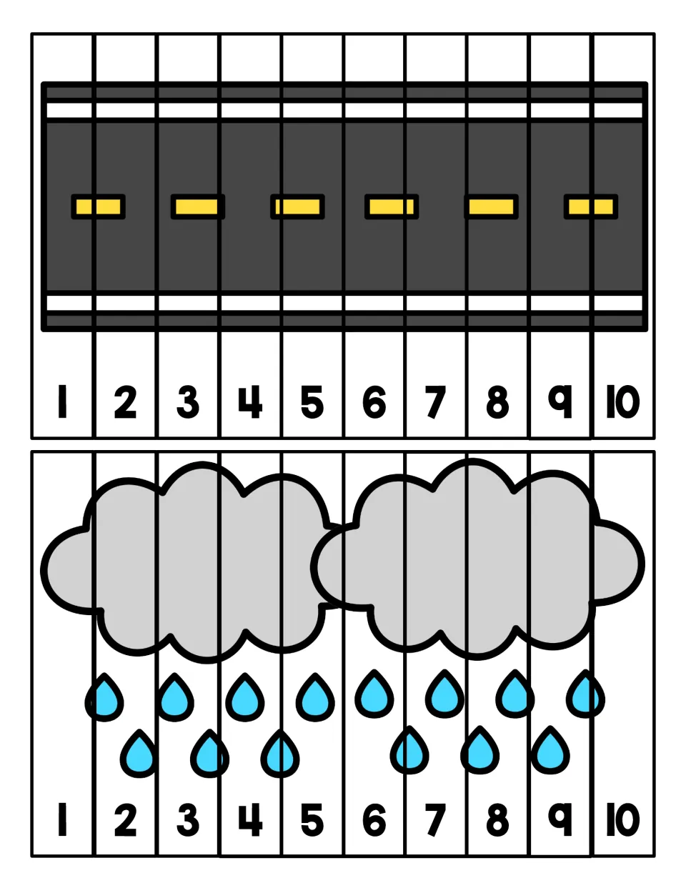 Road and rain cloud number puzzles: children order strips 1 to 10 so the road and raindrop pictures fit back together