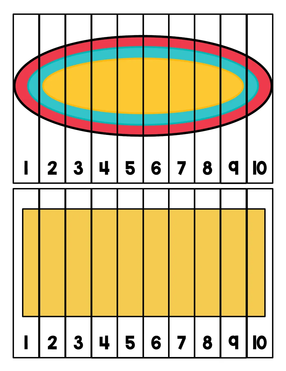 Oval and rectangle picture puzzles: learners sequence strips numbered 1 to 10 to complete a red, teal and yellow oval