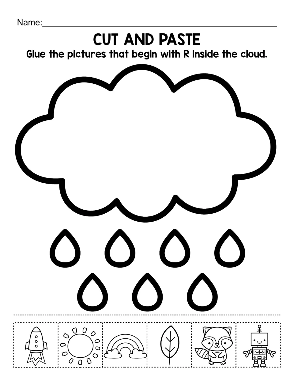 Beginning sound R: students cut out six pictures, such as rocket, rainbow, raccoon and robot, and glue R words in the cloud