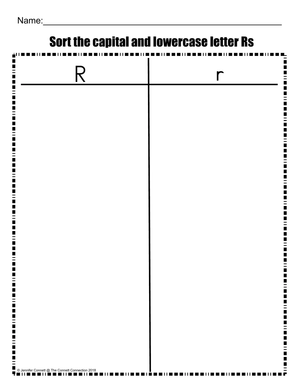 Capital and lowercase R sort: students place letters under the R or r heading to tell uppercase from lowercase forms
