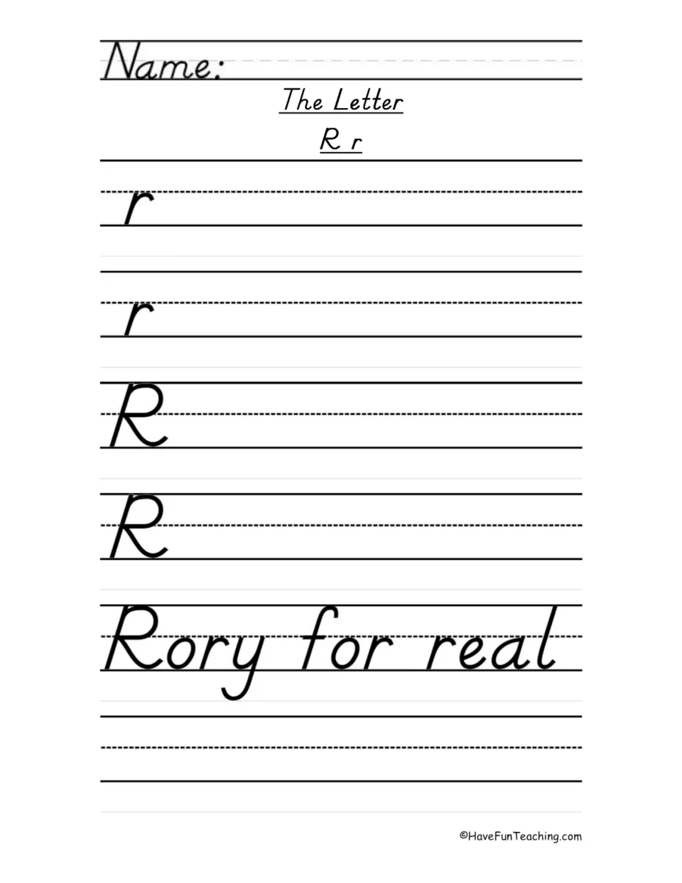 Letter R handwriting practice sheet with lowercase r, uppercase R, and the model phrase 'Rory for real'.