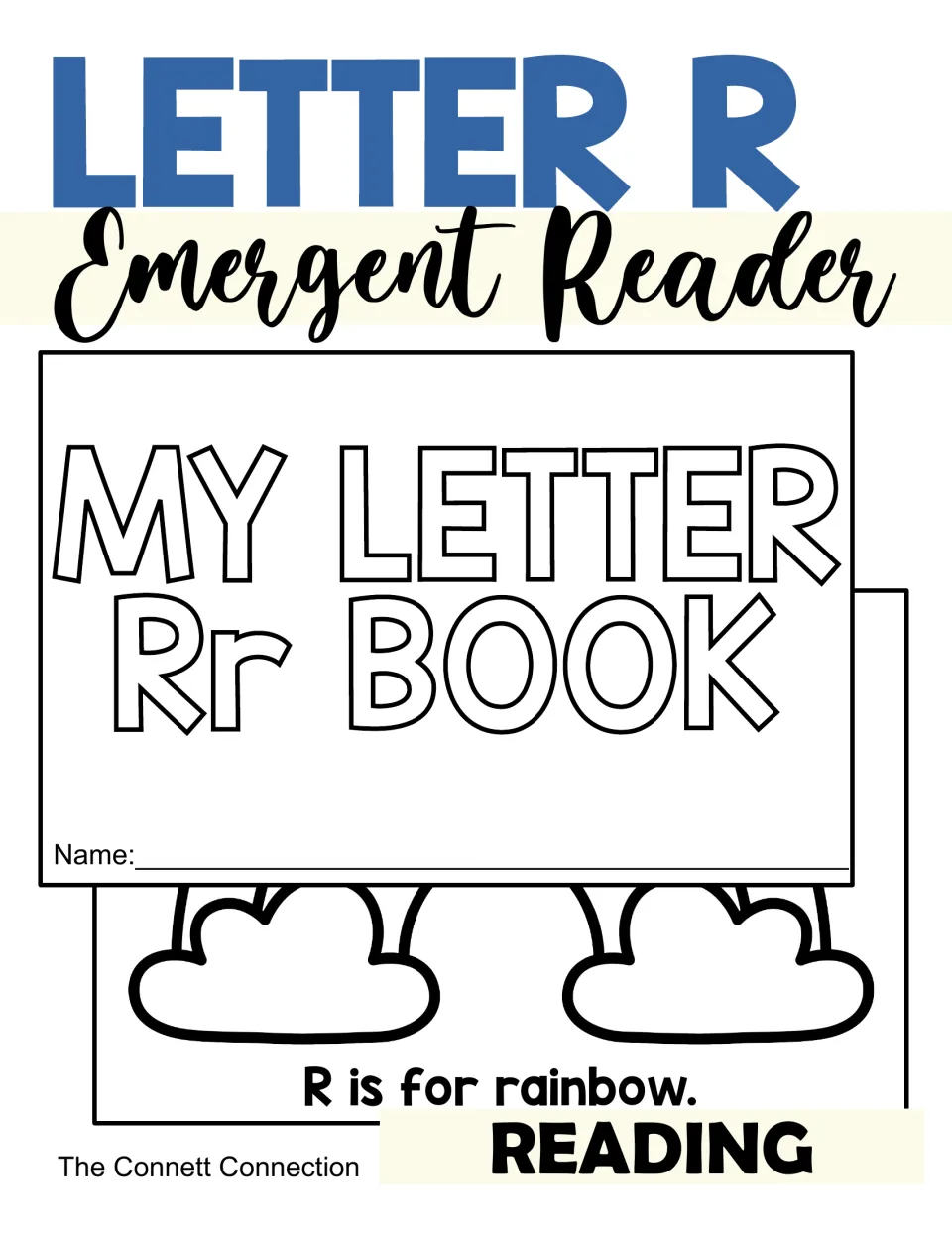 Letter R emergent reader cover showing the My Letter Rr Book title page and an R is for rainbow page with a name line