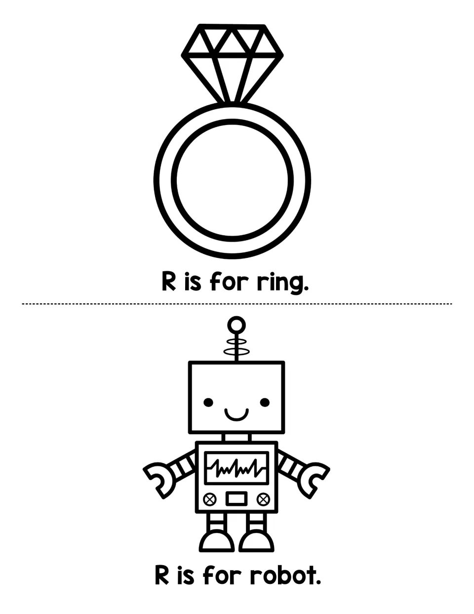 Letter R sound pages: students read R is for ring and R is for robot and color a diamond ring and a smiling robot