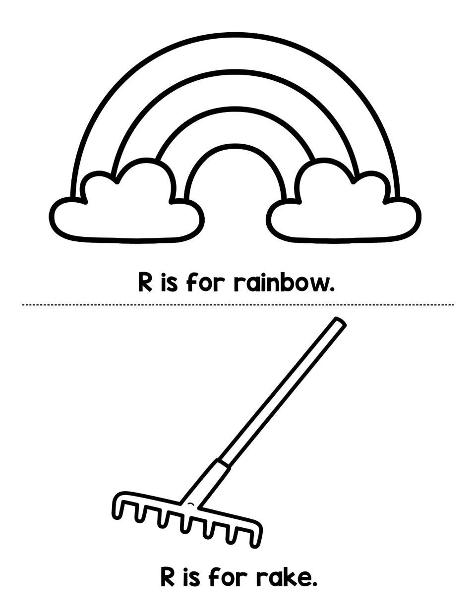 Initial R words: students read R is for rainbow and R is for rake, then color the rainbow with clouds and the garden rake
