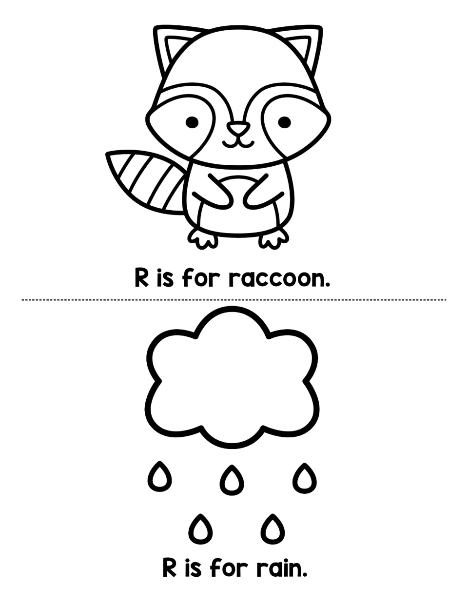 Beginning sound R: students read R is for raccoon and R is for rain and color a raccoon and a cloud with falling raindrops