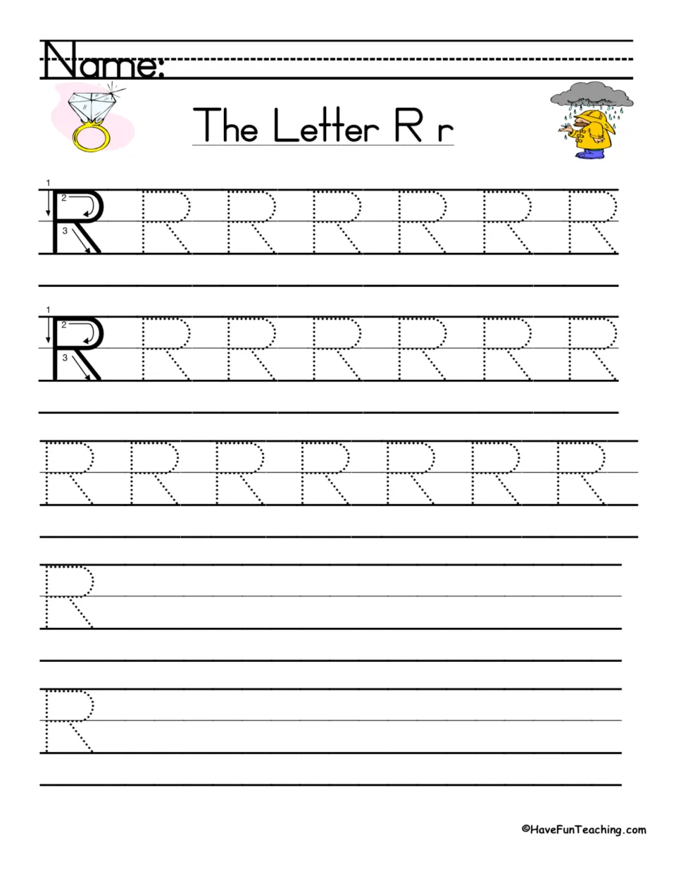 Uppercase R handwriting: students follow numbered stroke arrows, trace dotted R rows, then write R on their own