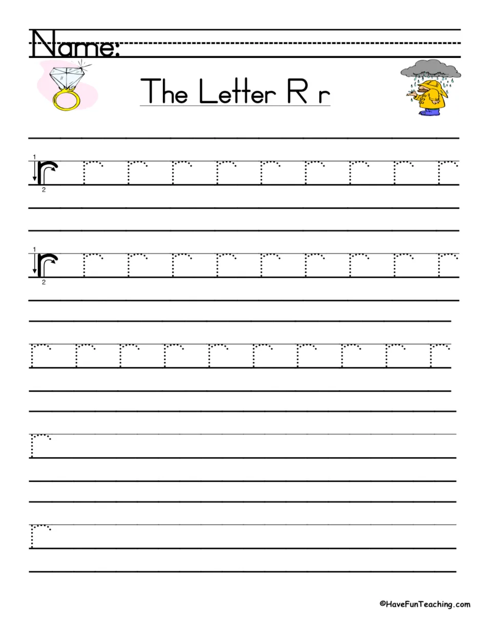 Lowercase r handwriting: students follow the two-step stroke model, trace dotted r rows, then write r independently